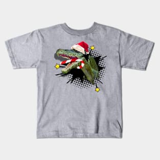 Dinosaur T-Rex with Santa Hat and Candy Cane Christmas Kids T-Shirt